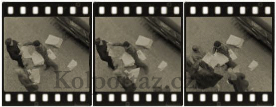 Kolportér s balíkem tiskovin, které v chvatu rozdává kolemjdoucím.
Československý filmový týdeník č. 35/1968