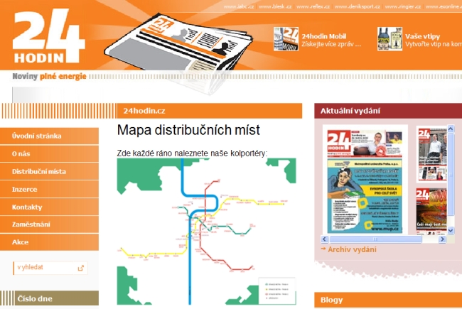 Výřez z portálu deníku 24 HODIN. Mapa distribučních stanovišť jednotlivých kolportérů