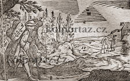Cestující (podomní) obchodníci odháněni od města.
Výřez z Komenského díla Orbis Pictus (1792)